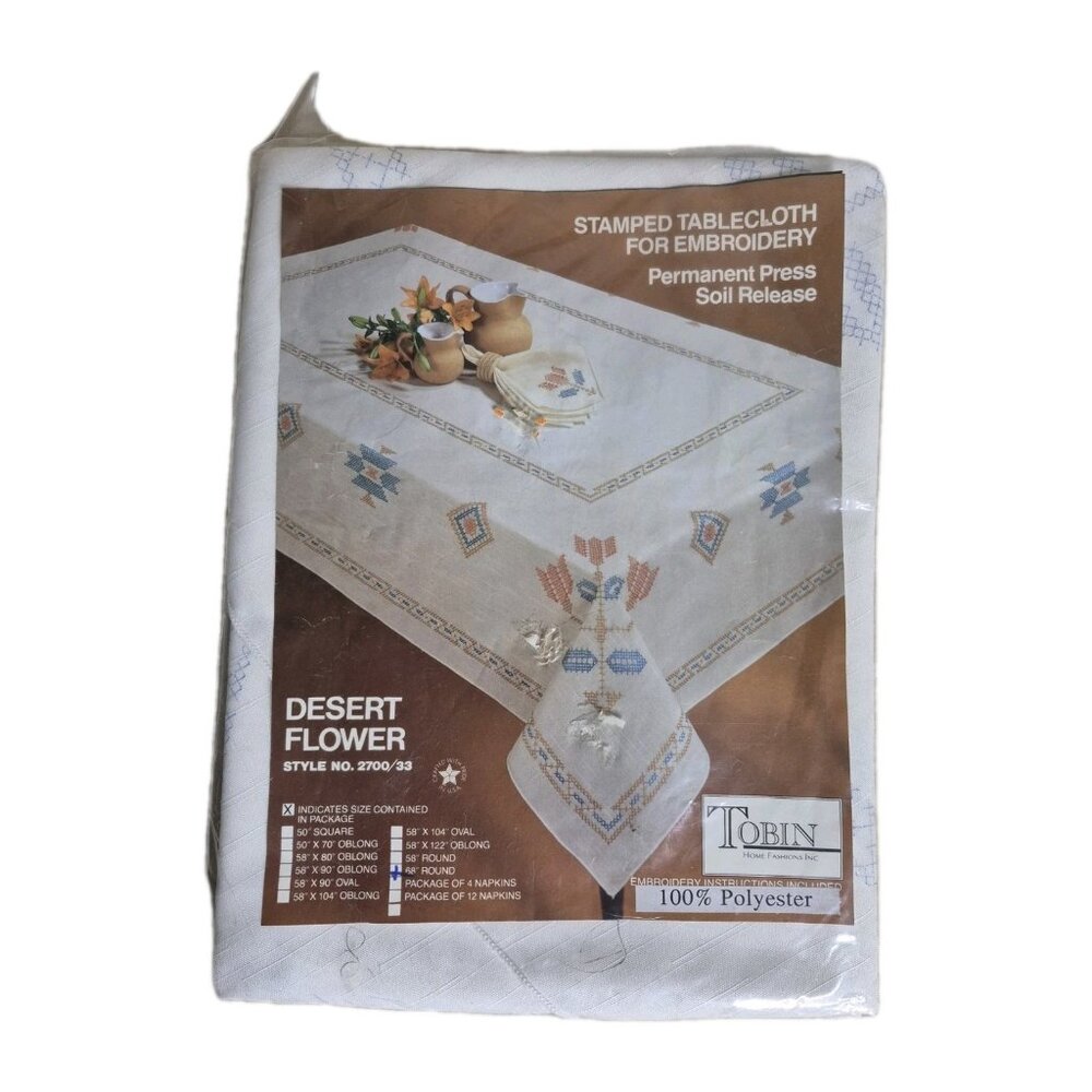 Vintage Tobin Embroidery Desert Flower Southwest Design 58x104 Tablecloth